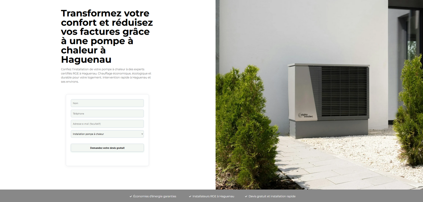 Exemple landing page pompe à chaleur à Haguenau